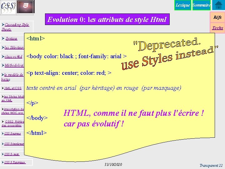 Lexique Sommaire ØCascading Style Sheets Ø Syntaxe Réfs Evolution 0: les attributs de style