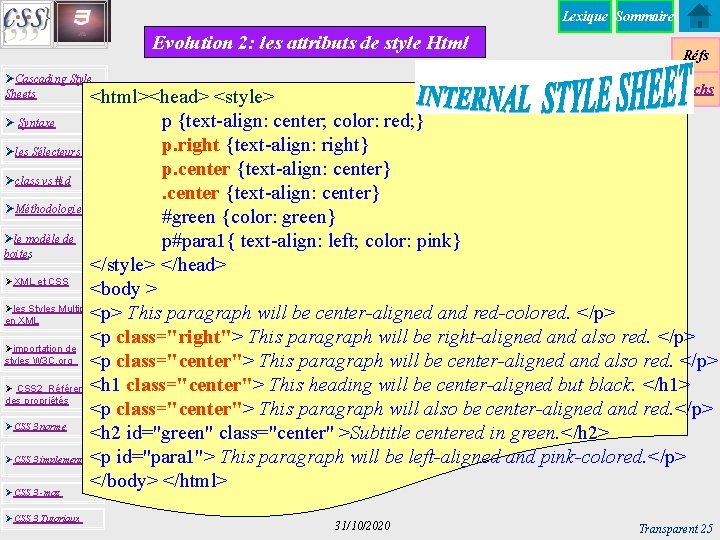 Lexique Sommaire Evolution 2: les attributs de style Html Réfs ØCascading Style Sheets Techs