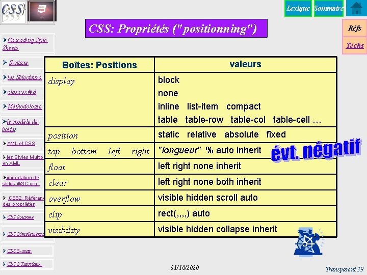 Lexique Sommaire CSS: Propriétés ("positionning") ØCascading Style Sheets Techs Ø Syntaxe Øles Sélecteurs display