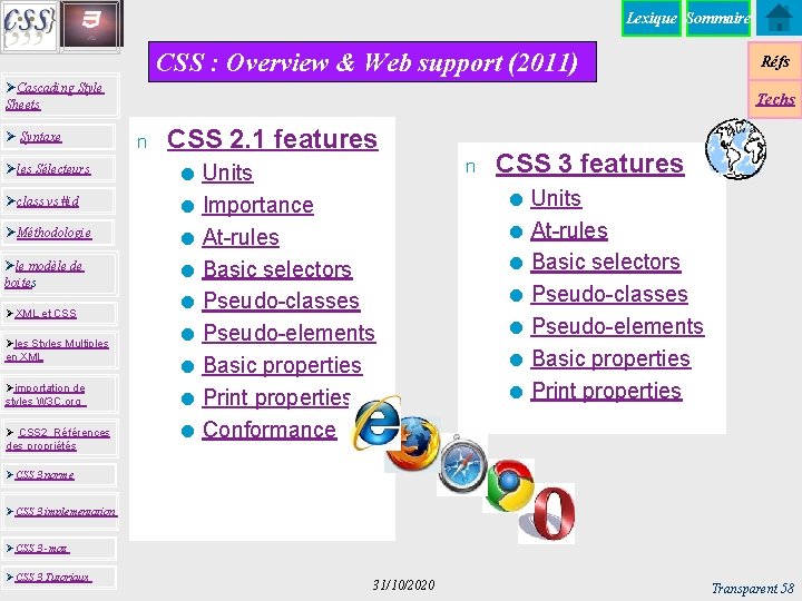 Lexique Sommaire CSS : Overview & Web support (2011) ØCascading Style Sheets Ø Syntaxe