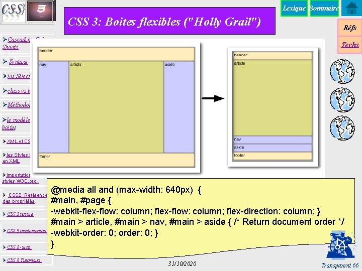 Lexique Sommaire CSS 3: Boites flexibles ("Holly Grail") ØCascading Style Sheets Réfs Techs Ø