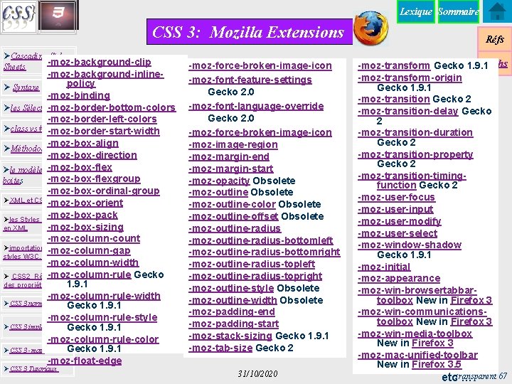 Lexique Sommaire CSS 3: Mozilla Extensions ØCascading Style -moz-background-clip Sheets -moz-background-inlinepolicy Ø Syntaxe -moz-binding