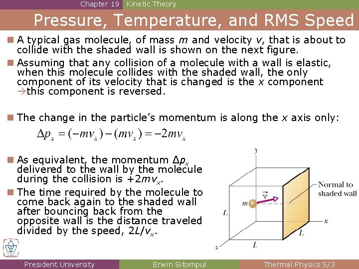 Chapter 19 Kinetic Theory Pressure, Temperature, and RMS Speed n A typical gas molecule,