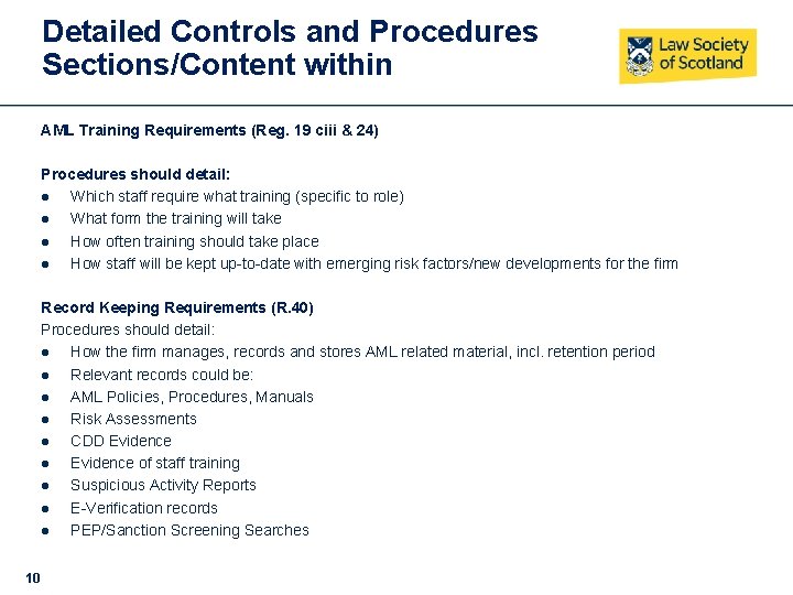 Detailed Controls and Procedures Sections/Content within AML Training Requirements (Reg. 19 ciii & 24)