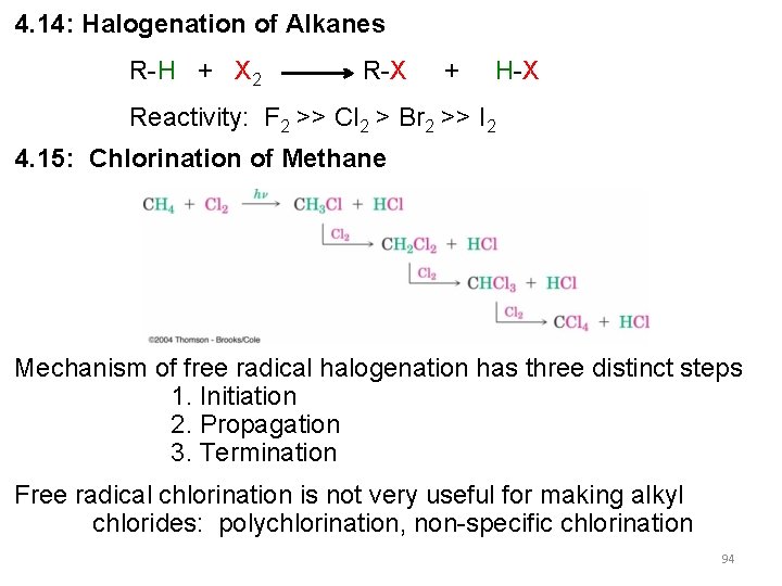 4. 14: Halogenation of Alkanes R-H + X 2 R-X + H-X Reactivity: F