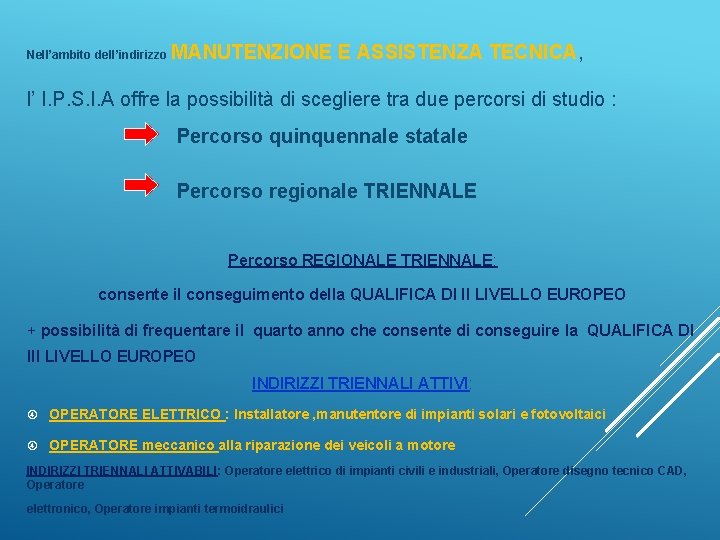 Nell’ambito dell’indirizzo MANUTENZIONE E ASSISTENZA TECNICA, l’ I. P. S. I. A offre la