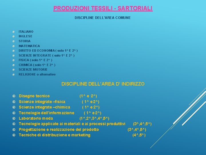 PRODUZIONI TESSILI - SARTORIALI DISCIPLINE DELL’AREA COMUNE ITALIANO INGLESE STORIA MATEMATICA DIRITTO ED ECONOMIA