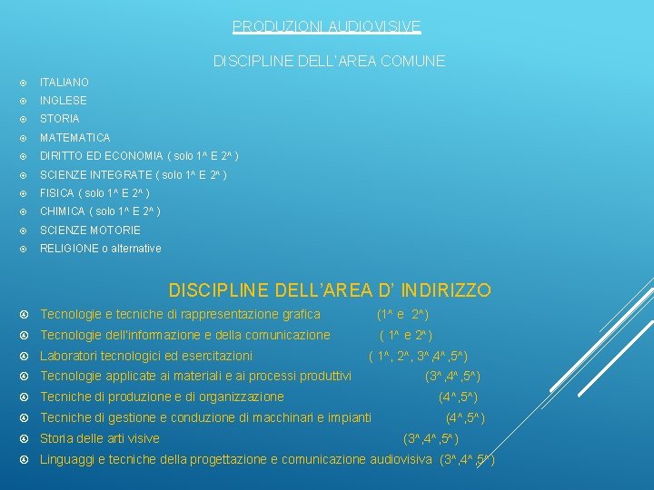 PRODUZIONI AUDIOVISIVE DISCIPLINE DELL’AREA COMUNE ITALIANO INGLESE STORIA MATEMATICA DIRITTO ED ECONOMIA ( solo