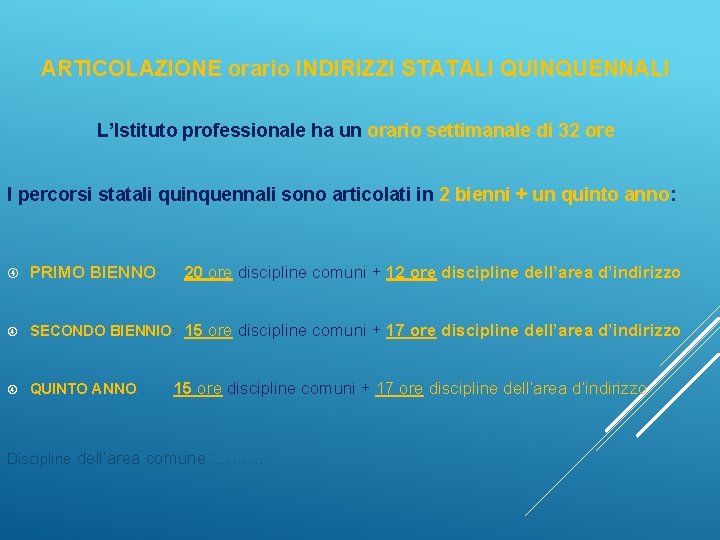 ARTICOLAZIONE orario INDIRIZZI STATALI QUINQUENNALI L’Istituto professionale ha un orario settimanale di 32 ore