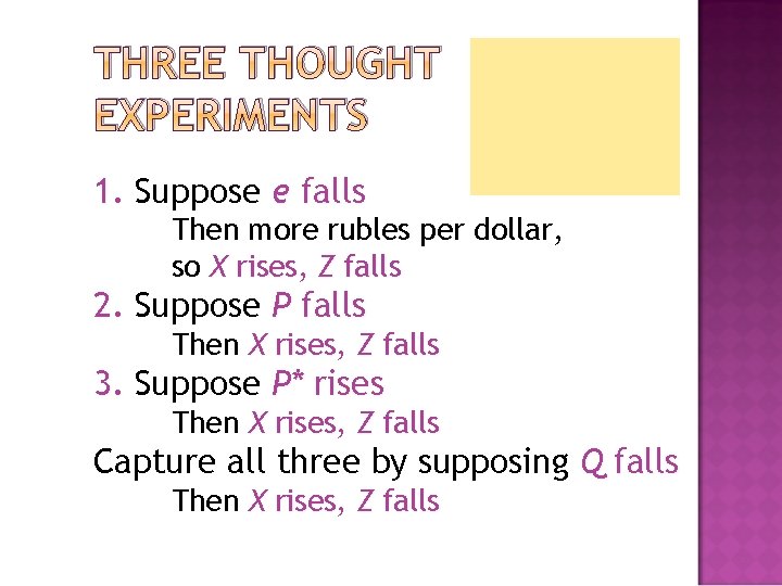 THREE THOUGHT EXPERIMENTS 1. Suppose e falls Then more rubles per dollar, so X