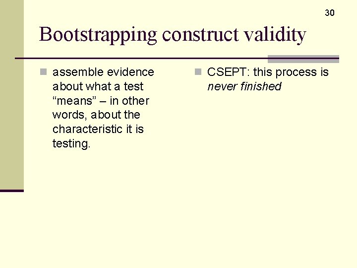 30 Bootstrapping construct validity n assemble evidence about what a test “means” – in