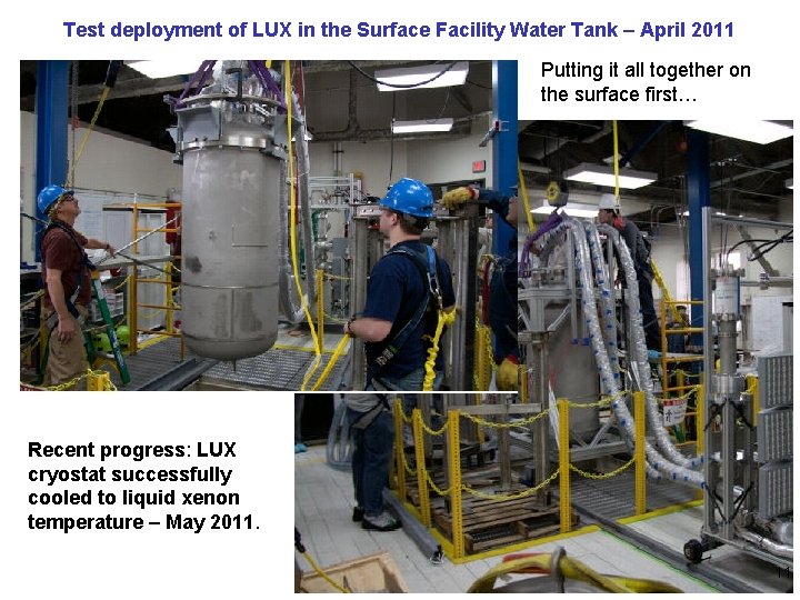 Test deployment of LUX in the Surface Facility Water Tank – April 2011 Putting