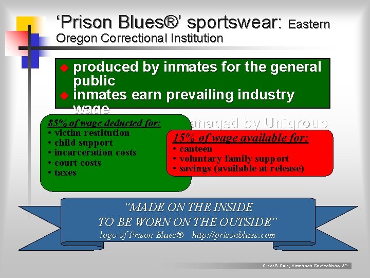 ‘Prison Blues®’ sportswear: Eastern Oregon Correctional Institution produced by inmates for the general public ‘Prison Blues®’ sportswear: Eastern Oregon Correctional Institution produced by inmates for the general public