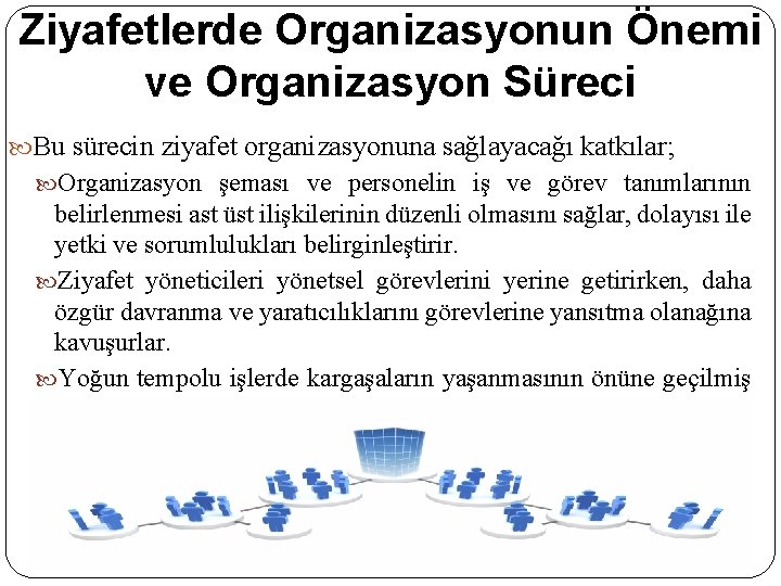 Ziyafetlerde Organizasyonun Önemi ve Organizasyon Süreci Bu sürecin ziyafet organizasyonuna sağlayacağı katkılar; Organizasyon şeması