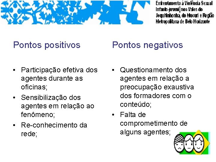 Pontos positivos Pontos negativos • Participação efetiva dos agentes durante as oficinas; • Sensibilização