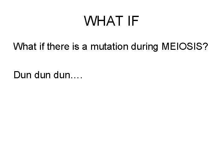 WHAT IF What if there is a mutation during MEIOSIS? Dun dun…. WHAT IF What if there is a mutation during MEIOSIS? Dun dun….