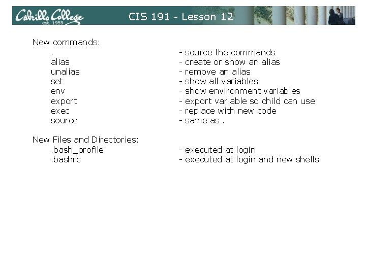 CIS 191 - Lesson 12 New commands: . alias unalias set env export exec CIS 191 - Lesson 12 New commands: . alias unalias set env export exec