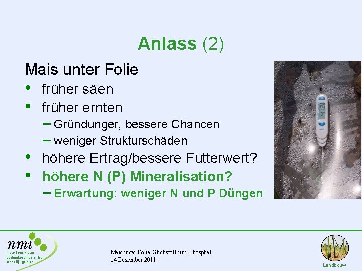 Anlass (2) Mais unter Folie • • früher säen früher ernten • • höhere