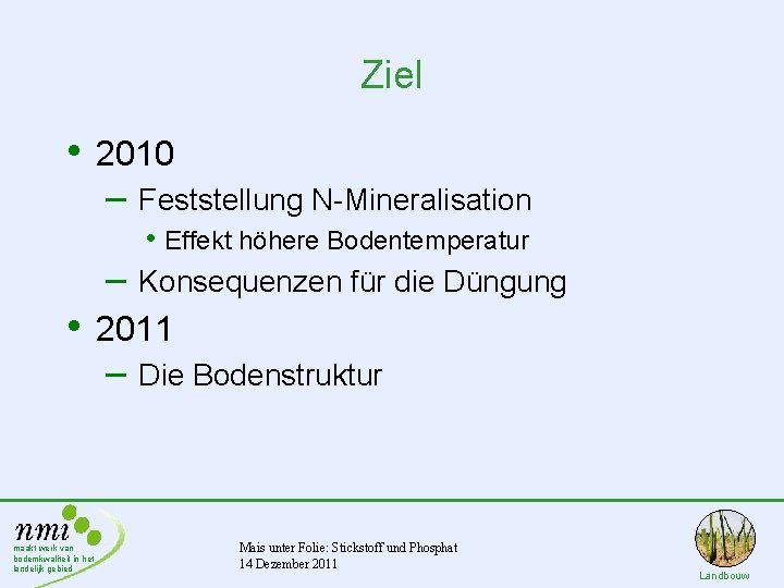 Ziel • 2010 – Feststellung N-Mineralisation • Effekt höhere Bodentemperatur – Konsequenzen für die