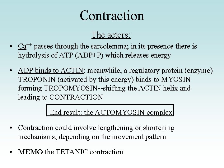 Contraction The actors: • Ca++ passes through the sarcolemma; in its presence there is Contraction The actors: • Ca++ passes through the sarcolemma; in its presence there is