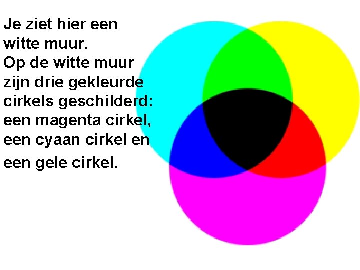 Je ziet hier een witte muur. Op de witte muur zijn drie gekleurde cirkels