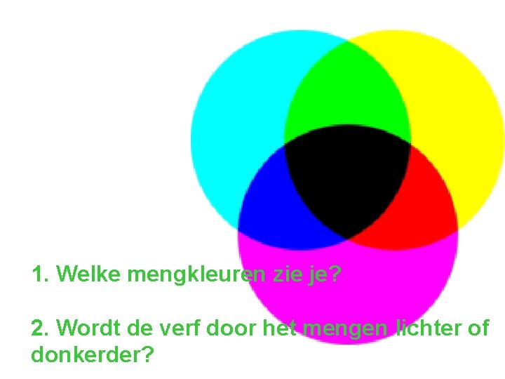 1. Welke mengkleuren zie je? 2. Wordt de verf door het mengen lichter of