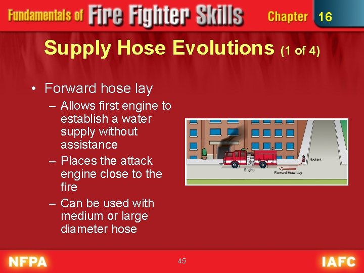 16 Supply Hose Evolutions (1 of 4) • Forward hose lay – Allows first