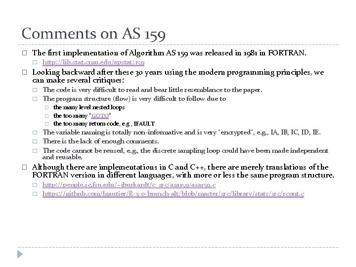 Comments on AS 159 � The first implementation of Algorithm AS 159 was released