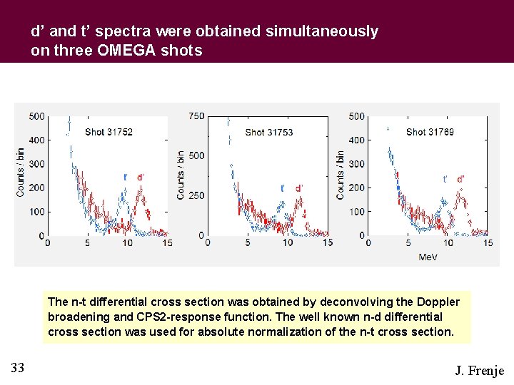 d’ and t’ spectra were obtained simultaneously on three OMEGA shots The n-t differential d’ and t’ spectra were obtained simultaneously on three OMEGA shots The n-t differential