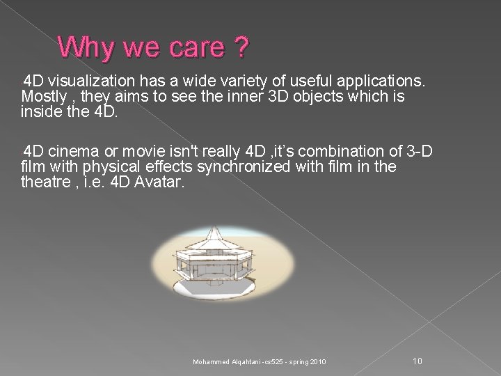 Why we care ? 4 D visualization has a wide variety of useful applications.