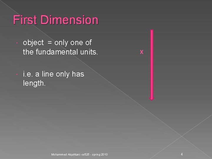 First Dimension object = only one of the fundamental units. X i. e. a