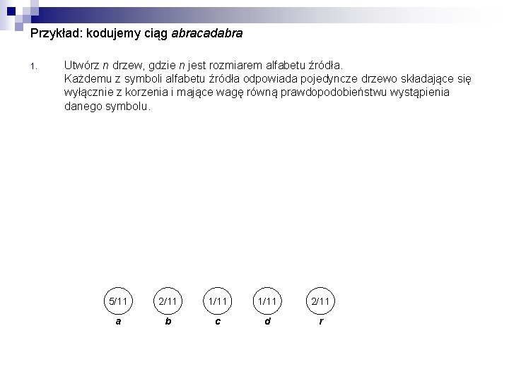 Przykład: kodujemy ciąg abracadabra 1. Utwórz n drzew, gdzie n jest rozmiarem alfabetu źródła.