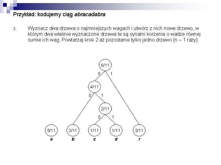 Przykład: kodujemy ciąg abracadabra 2. Wyznacz dwa drzewa o najmniejszych wagach i utwórz z