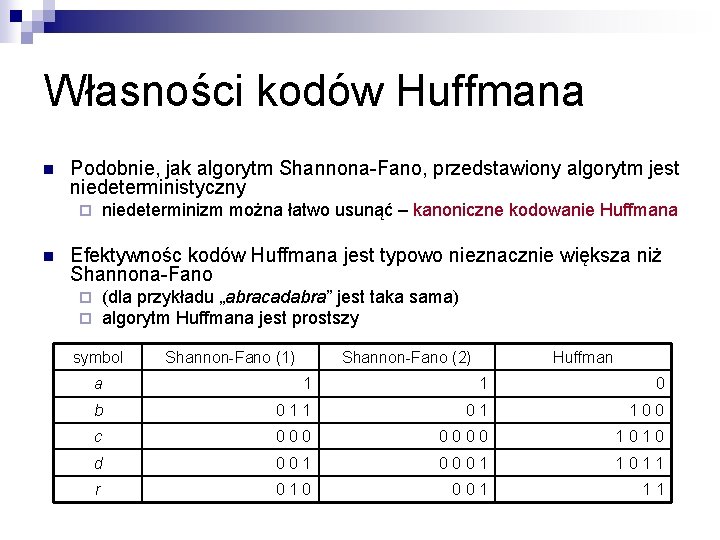 Własności kodów Huffmana n Podobnie, jak algorytm Shannona-Fano, przedstawiony algorytm jest niedeterministyczny niedeterminizm można