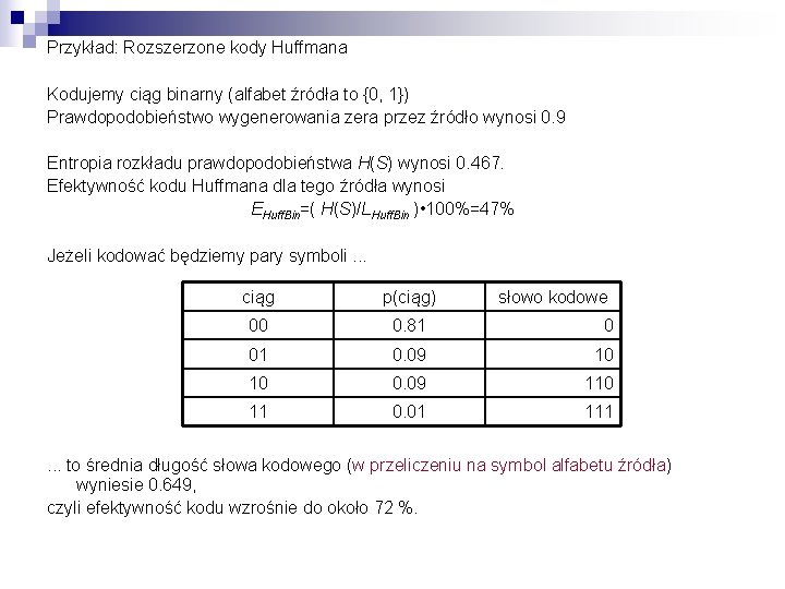 Przykład: Rozszerzone kody Huffmana Kodujemy ciąg binarny (alfabet źródła to {0, 1}) Prawdopodobieństwo wygenerowania