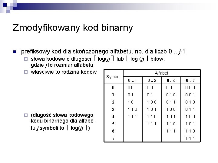 Zmodyfikowany kod binarny n prefiksowy kod dla skończonego alfabetu, np. dla liczb 0. .