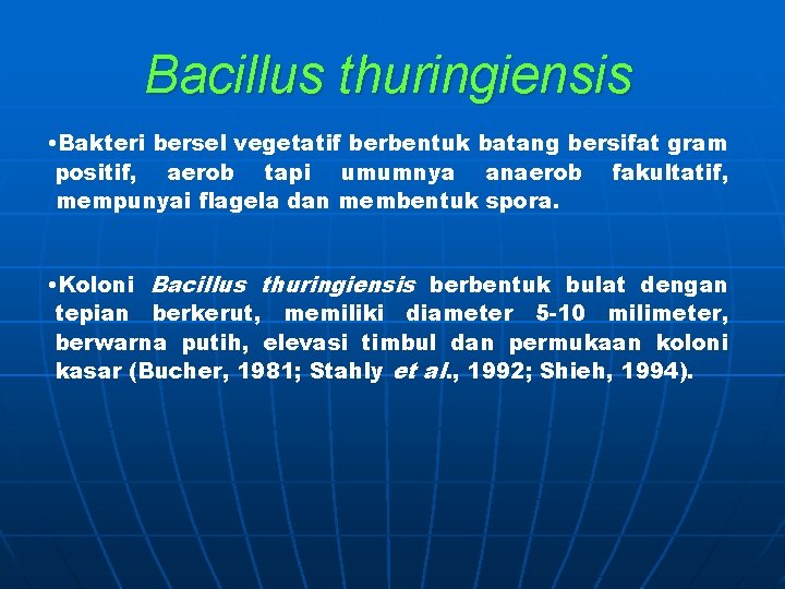 Bacillus thuringiensis • Bakteri bersel vegetatif berbentuk batang bersifat gram positif, aerob tapi umumnya