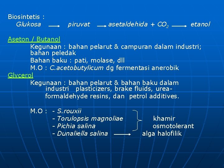 Biosintetis : Glukosa piruvat asetaldehida + CO 2 etanol Aseton / Butanol Kegunaan :