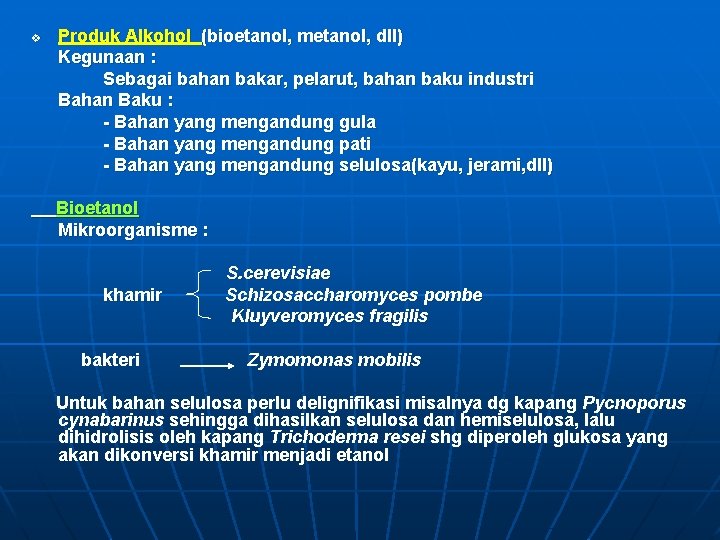 v Produk Alkohol (bioetanol, metanol, dll) Kegunaan : Sebagai bahan bakar, pelarut, bahan baku