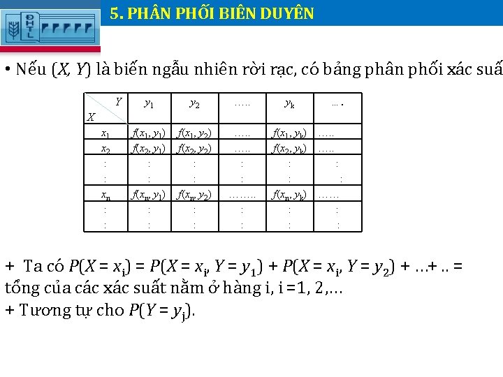 5. PH N PHỐI BIÊN DUYÊN. • Nếu (X, Y) là biến ngẫu nhiên 5. PH N PHỐI BIÊN DUYÊN. • Nếu (X, Y) là biến ngẫu nhiên