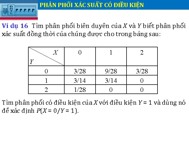 PH N PHỐI XÁC SUẤT CÓ ĐIỀU KIỆN. Ví dụ 16 Tìm phân phối PH N PHỐI XÁC SUẤT CÓ ĐIỀU KIỆN. Ví dụ 16 Tìm phân phối