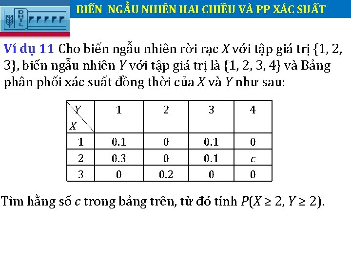 BIẾN NGẪU NHIÊN HAI CHIỀU VÀ PP XÁC SUẤT. Ví dụ 11 Cho biến BIẾN NGẪU NHIÊN HAI CHIỀU VÀ PP XÁC SUẤT. Ví dụ 11 Cho biến