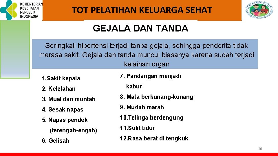 TOT PELATIHAN KELUARGA SEHAT GEJALA DAN TANDA Seringkali hipertensi terjadi tanpa gejala, sehingga penderita TOT PELATIHAN KELUARGA SEHAT GEJALA DAN TANDA Seringkali hipertensi terjadi tanpa gejala, sehingga penderita