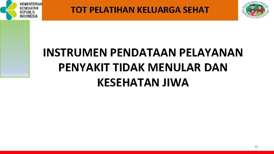 TOT PELATIHAN KELUARGA SEHAT INSTRUMEN PENDATAAN PELAYANAN PENYAKIT TIDAK MENULAR DAN KESEHATAN JIWA 45 TOT PELATIHAN KELUARGA SEHAT INSTRUMEN PENDATAAN PELAYANAN PENYAKIT TIDAK MENULAR DAN KESEHATAN JIWA 45