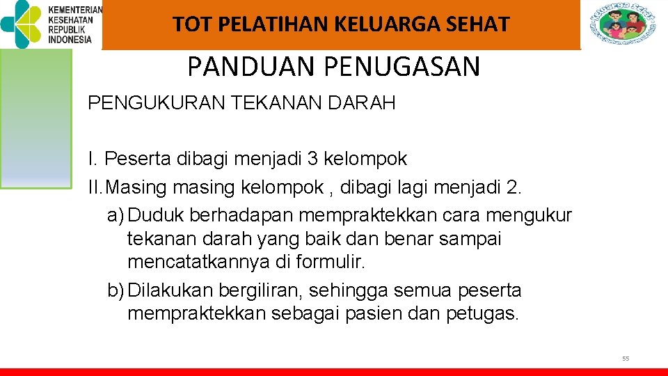TOT PELATIHAN KELUARGA SEHAT PANDUAN PENUGASAN PENGUKURAN TEKANAN DARAH I. Peserta dibagi menjadi 3 TOT PELATIHAN KELUARGA SEHAT PANDUAN PENUGASAN PENGUKURAN TEKANAN DARAH I. Peserta dibagi menjadi 3