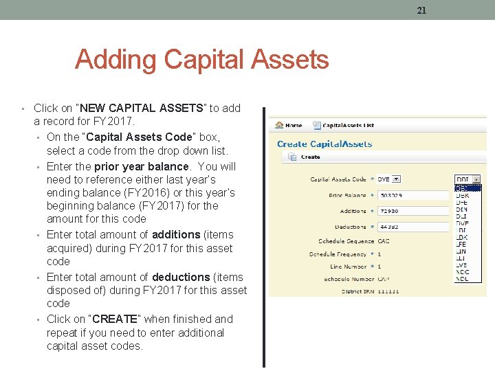 21 Adding Capital Assets • Click on “NEW CAPITAL ASSETS” to add a record