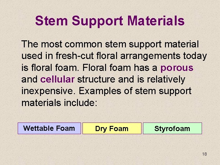 Stem Support Materials The most common stem support material used in fresh-cut floral arrangements
