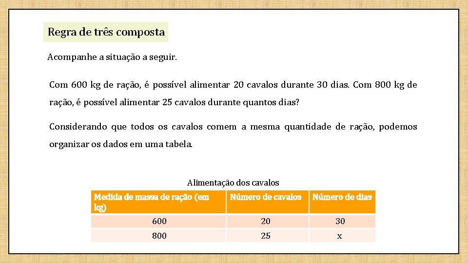 Regra de três composta Acompanhe a situação a seguir. Com 600 kg de ração,