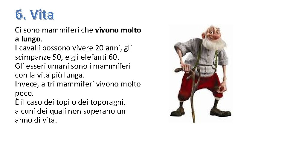 6. Vita Ci sono mammiferi che vivono molto a lungo. I cavalli possono vivere