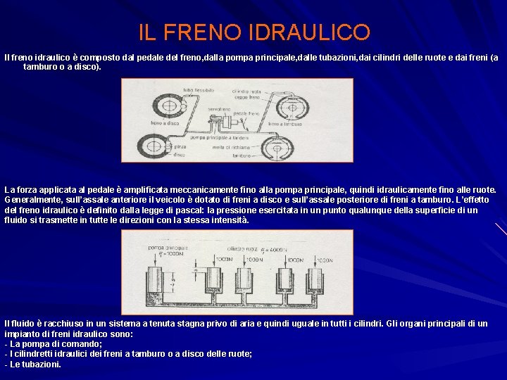 IL FRENO IDRAULICO Il freno idraulico è composto dal pedale del freno, dalla pompa